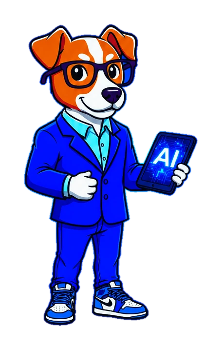 BYTE, the DGX Security mascot, a cartoon dog in glasses and a blue suit holding an AI tablet